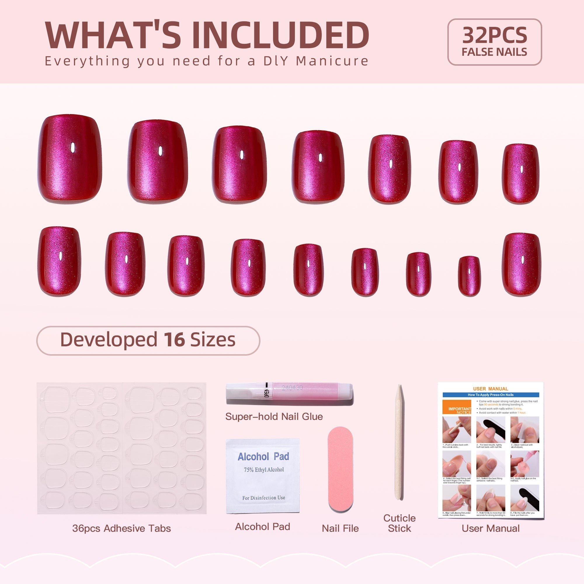 Gel Press On Nails 16 Sizes-32 Pcs Kit XNMY205