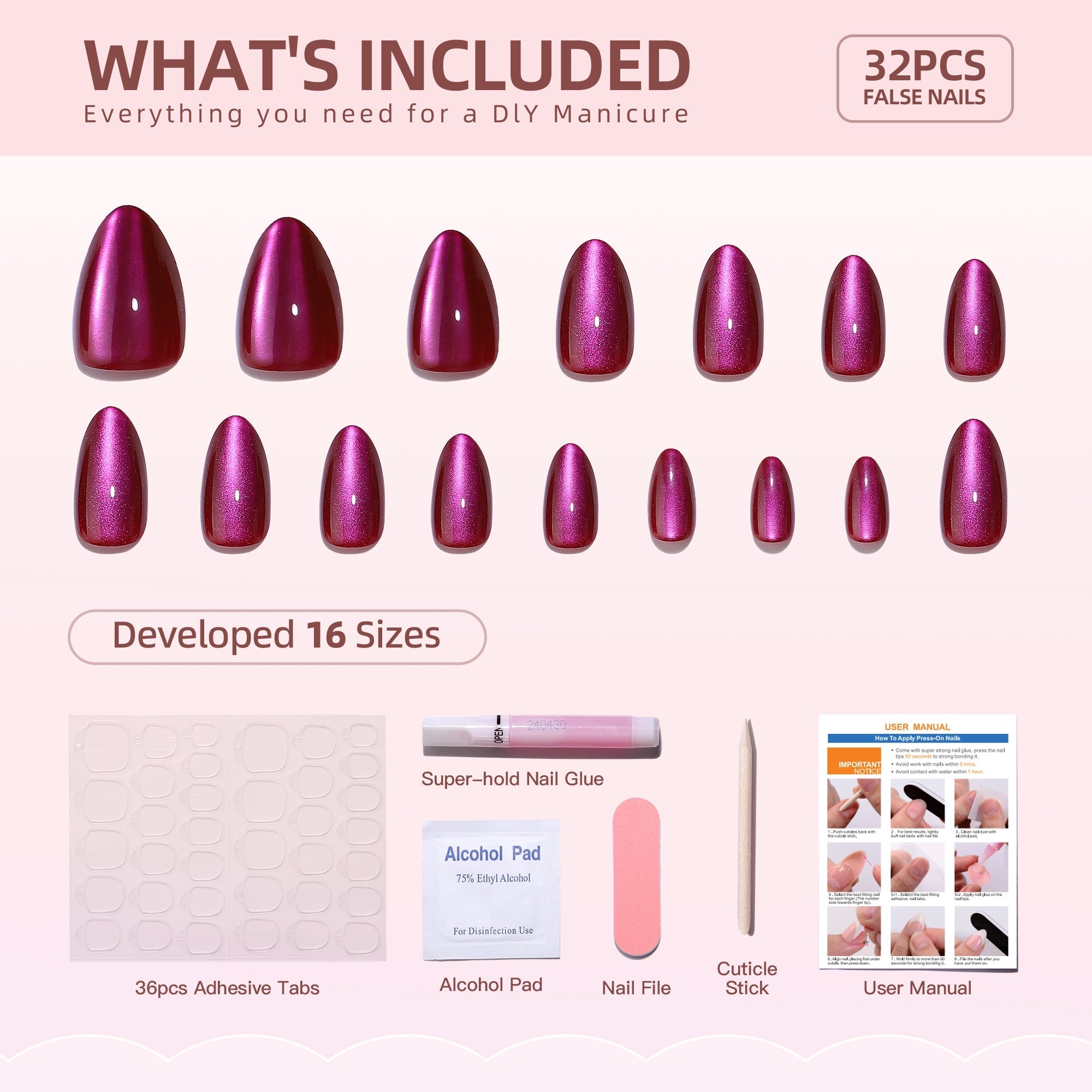 Gel Press On Nails 16 Sizes-32 Pcs Kit XNMY206