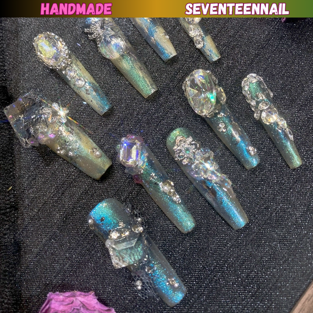 Aurora Ice Blue Crystal Elegance Press On Nails