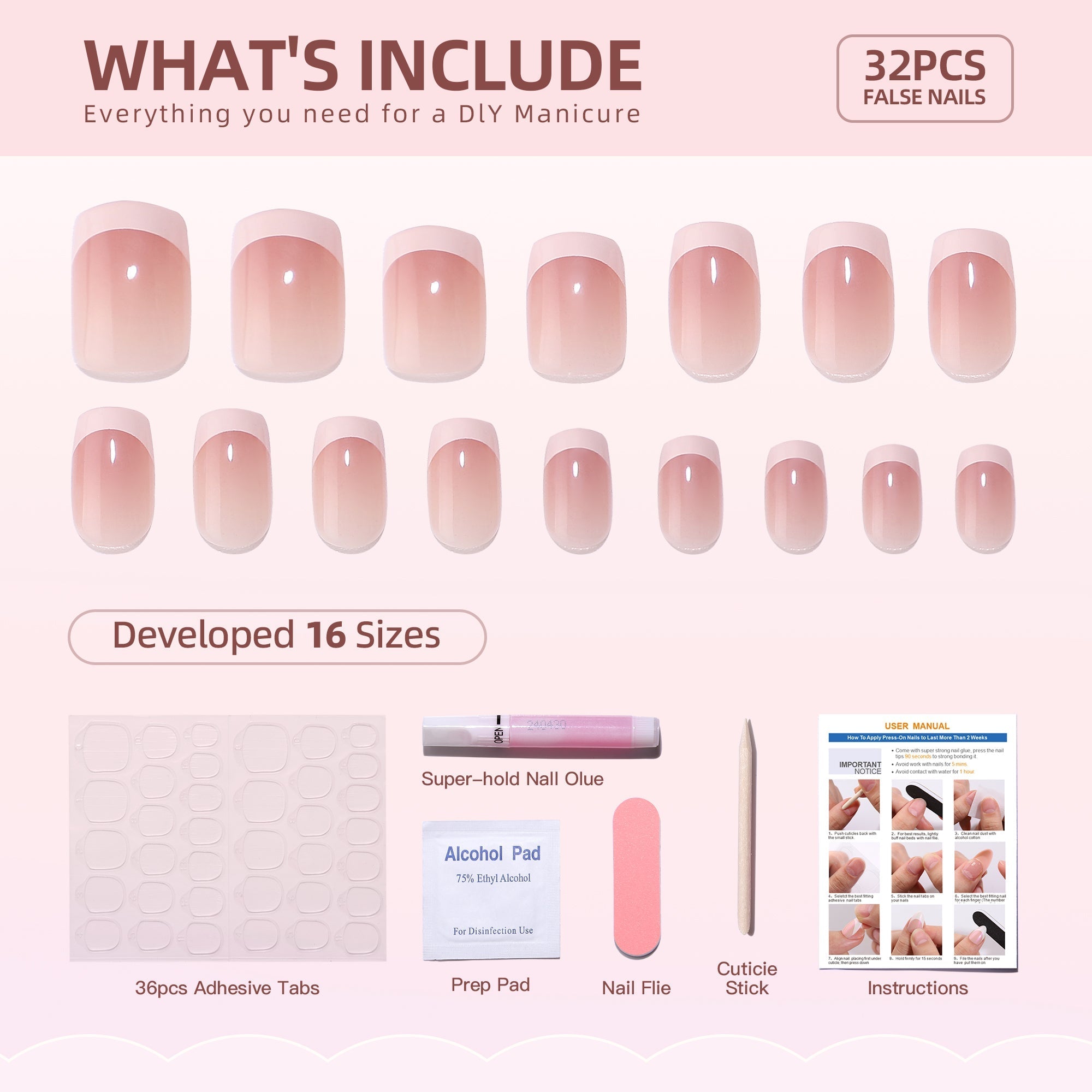 Gel Press On Nails 16 Sizes-32 Pcs Kit XNFS136