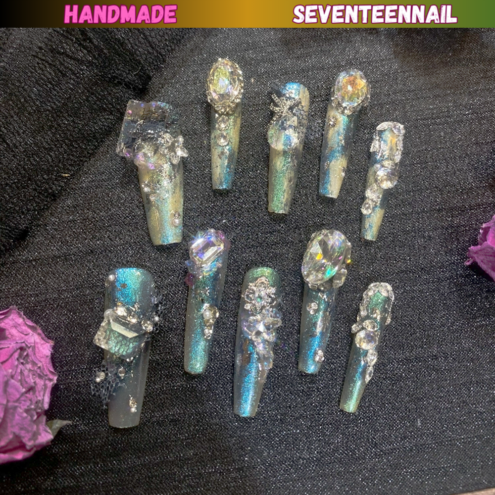 Aurora Ice Blue Crystal Elegance Press On Nails