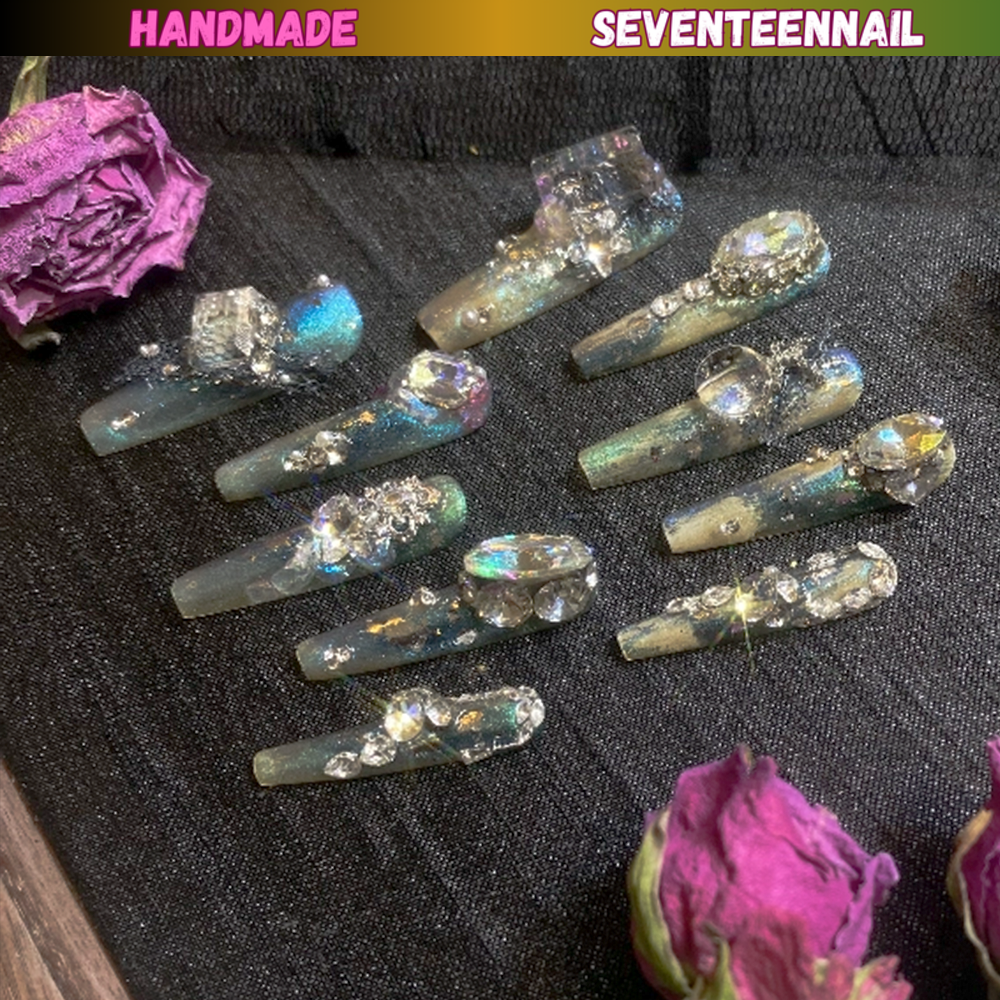 Aurora Ice Blue Crystal Elegance Press On Nails