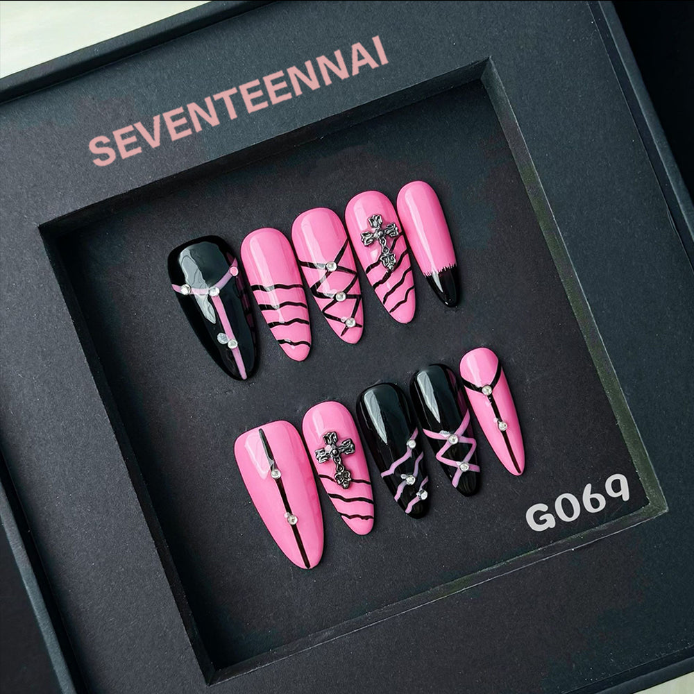 Pink & Black Hymn-Handmade Nails